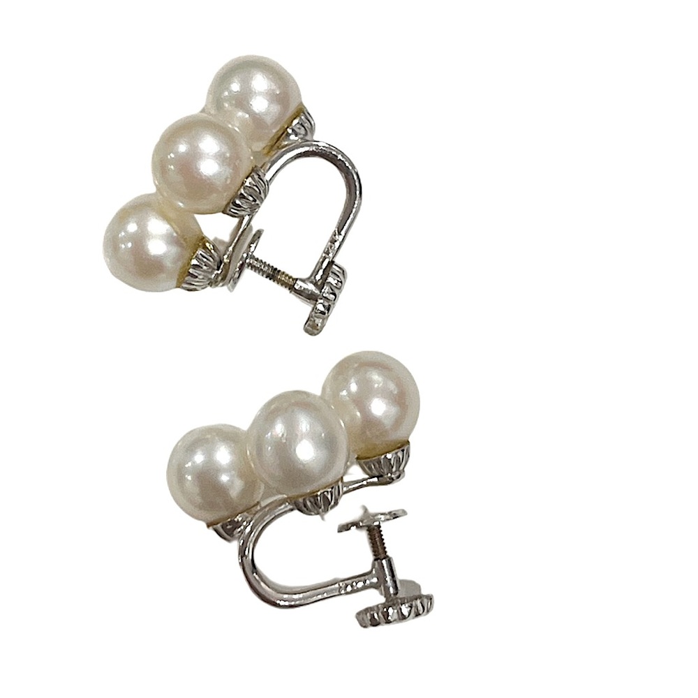 14K White Gold Vintage Pearl Screw Clip On Earrings - Picture 3 of 5